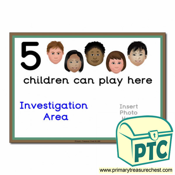 Investigation Area Sign - Add Your Own Image - 5 children can play here - Classroom Organisation Poster