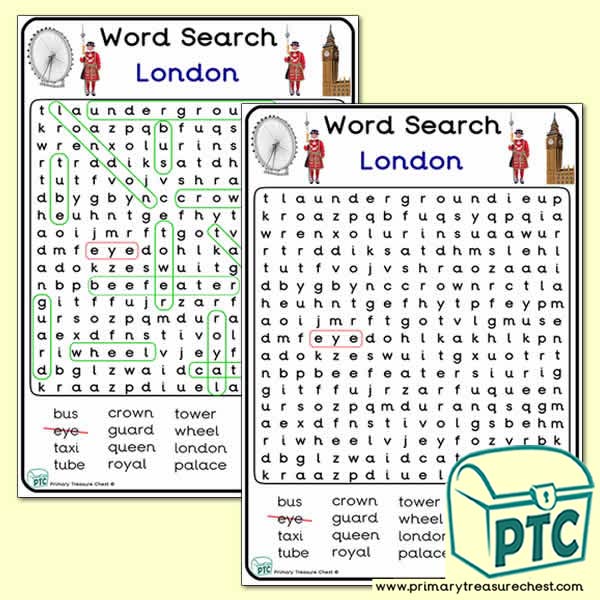 London Themed A4 Word Search Worksheet - Large Text Area