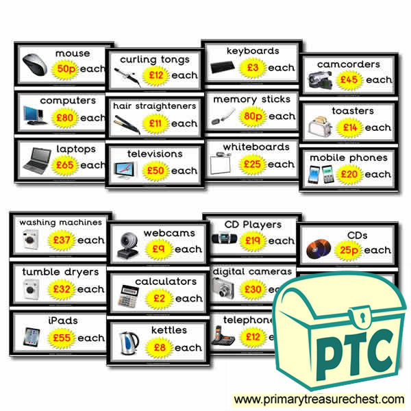 Role Play Electrical Shop Prices Flashcards (21p - £99)