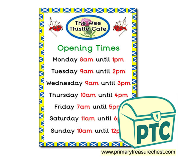 Copy of Scottish Cafe Role Play Opening Times (O'clock)