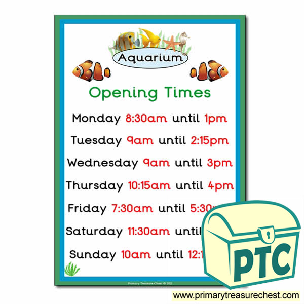 Role Play Aquarium Opening Times Poster (O'clock Times)
