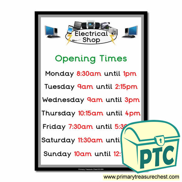 Role Play Electrical Shop Opening Times (Quarter & Half Past)