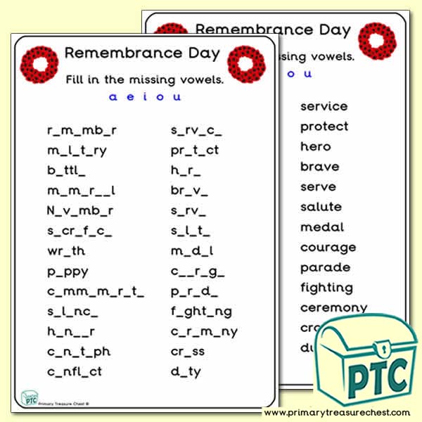Remembrance Day Missing Vowels Worksheet