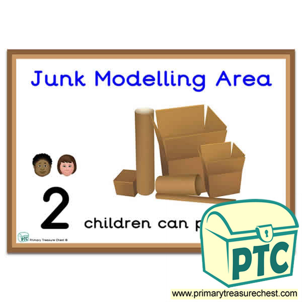 Junk Modelling Area Sign - Number Pattern Images Provided  '2 children can play here' - Classroom Organisation Poster