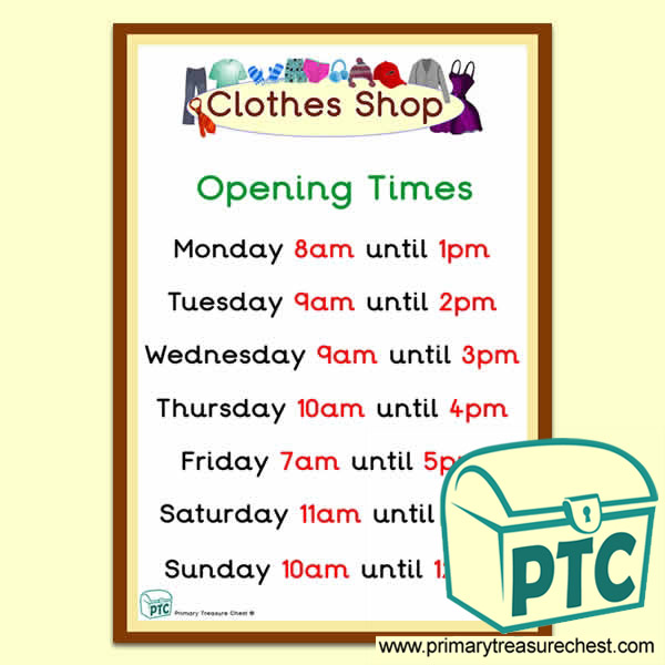 Clothes Shop Role Play Opening Times (O'clock)
