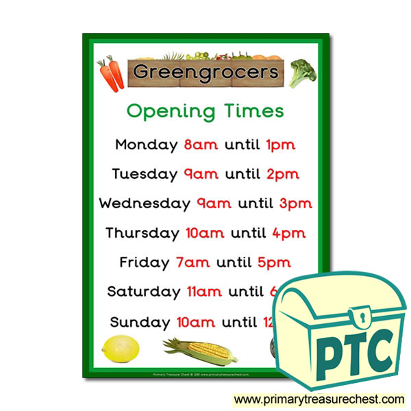 Greengrocers Role Play Opening Times Poster (O'clock)