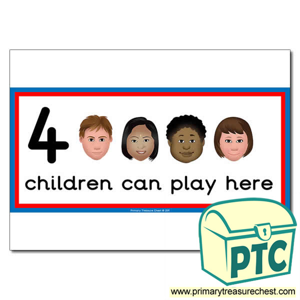 Maths Area Sign - Images of Faces - 4 children can play here - Classroom Organisation Poster
