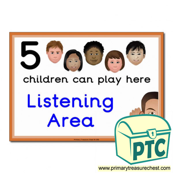 Listening Area Sign - Images Provided - 5 children can play here - Classroom Organisation Poster