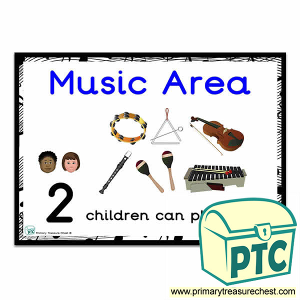 Music Area Sign - Number Pattern Images Provided  '2 children can play here' - Classroom Organisation Poster