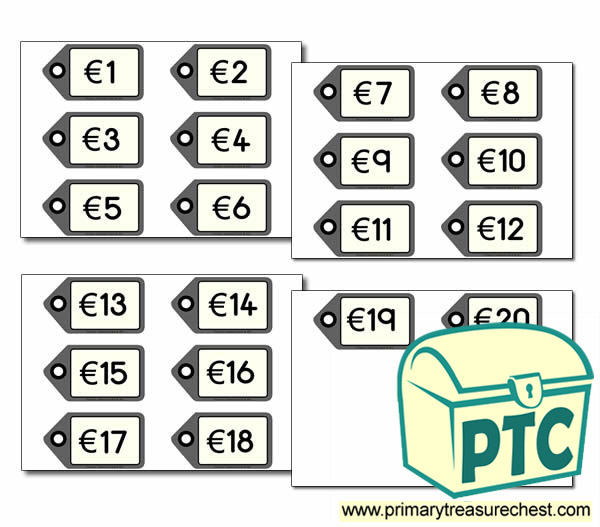 Euro Money Tags/Labels - €1-20