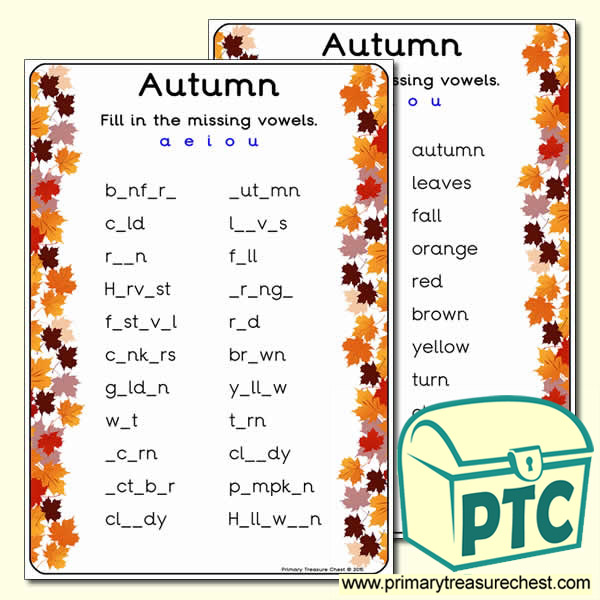 Autumn Themed Missing Vowels Worksheet