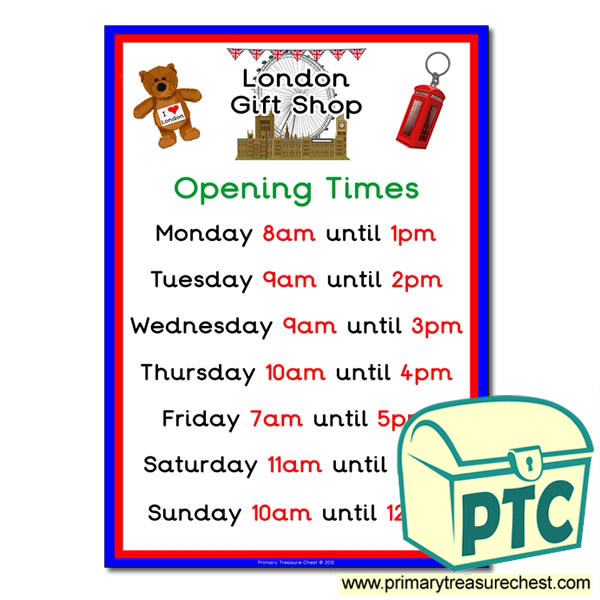 London Gift Shop Opening Times (O'clock)