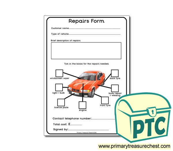 Mechanics Garage Role Play Repair Form Worksheet