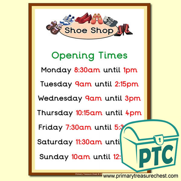 Shoe Shop Role Play Opening Times (O'clock)
