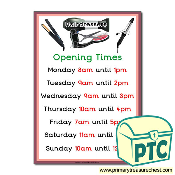 Hairdressers Role Play Opening Times Sign (O'clock times)