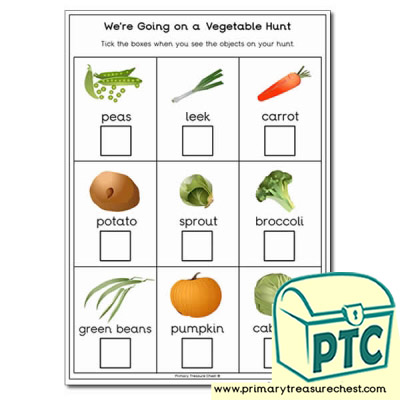 We're Going on a Vegetable Hunt A4 worksheet.