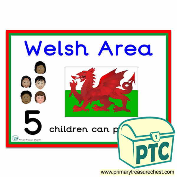 Welsh Area Sign - Number Pattern Images Provided  '5 children can play here' - Classroom Organisation Poster