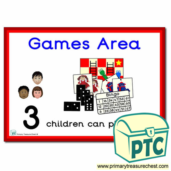 Games Area Sign - Number Pattern Images Provided  '3 children can play here' - Classroom Organisation Poster