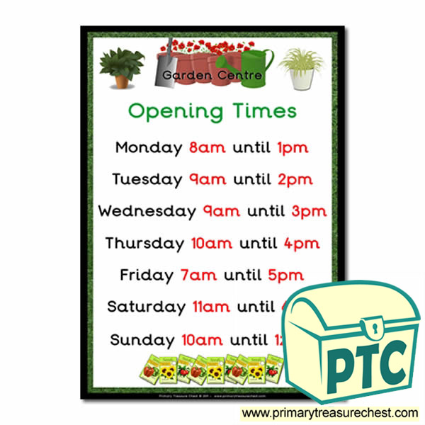 Role Play Garden Centre  Opening Times Poster (O'clock Times)