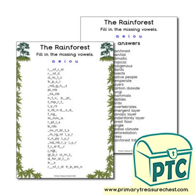 'The Rainforest' Themed Missing Vowels Worksheet