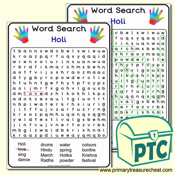A4 Holi Word Search Primary Treasure Chest