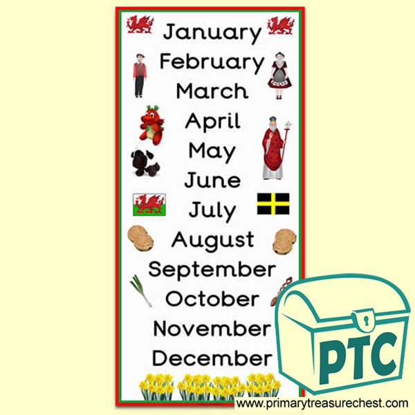Welsh Themed Months of the Year Poster Primary Treasure Chest