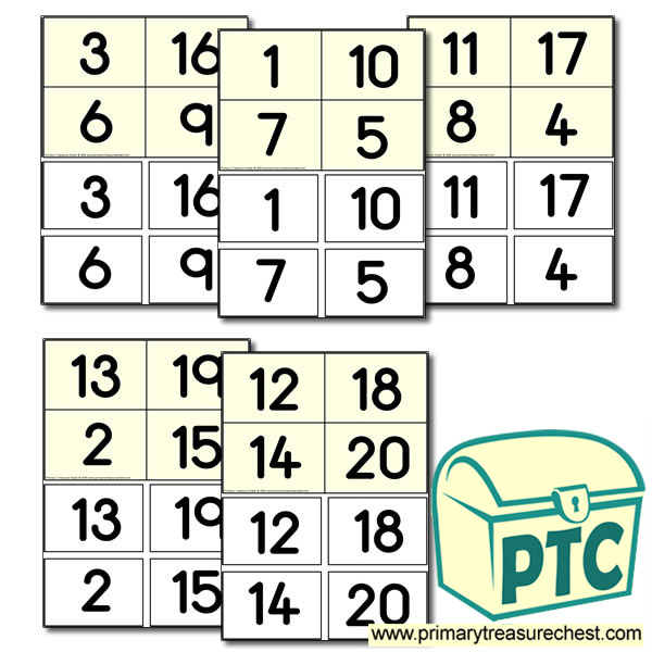 Childrens Bingo Cards Numbers 1 20 Primary Treasure Chest