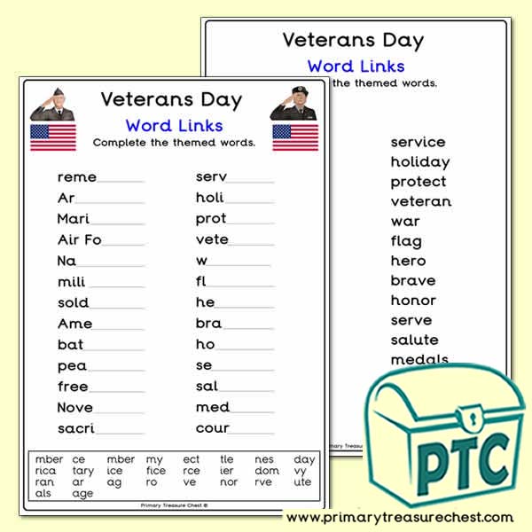 veterans day word link worksheet classroom activity primary holiday themed words