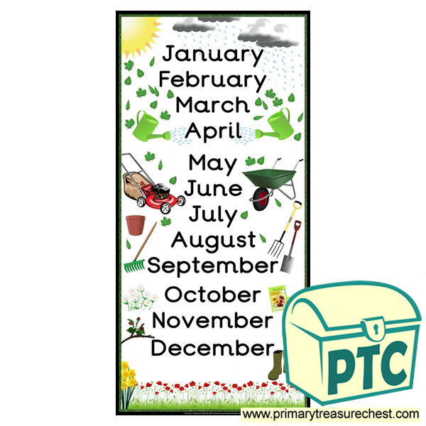 gardening themed months of the year poster primary treasure chest
