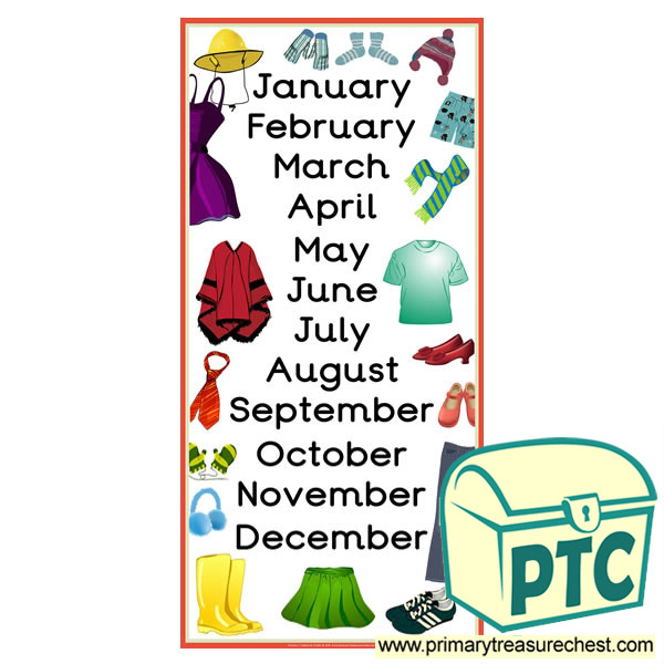clothes themed months of the year poster primary treasure chest