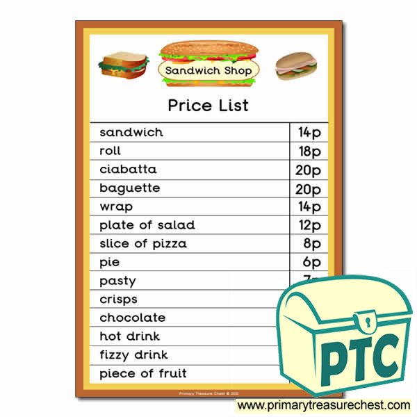 role play sandwich shop price list 1 20p primary shopping list prices