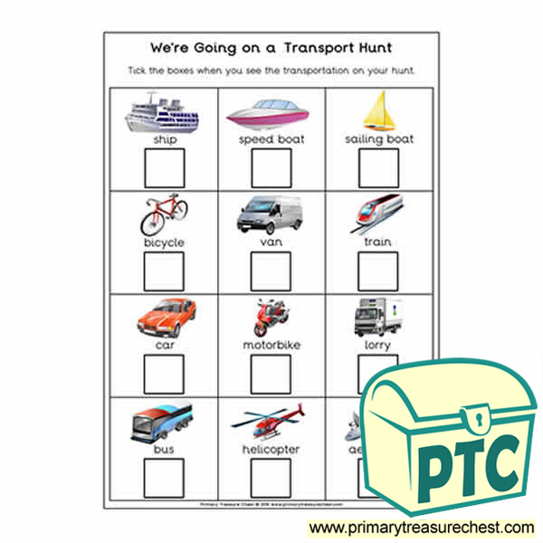 We're Going on a Transport Hunt Worksheet - Primary Treasure Chest