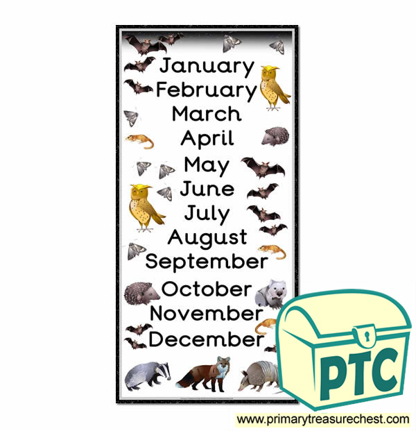 Nocturnal Themed Months of the Year Poster - Primary Treasure Chest